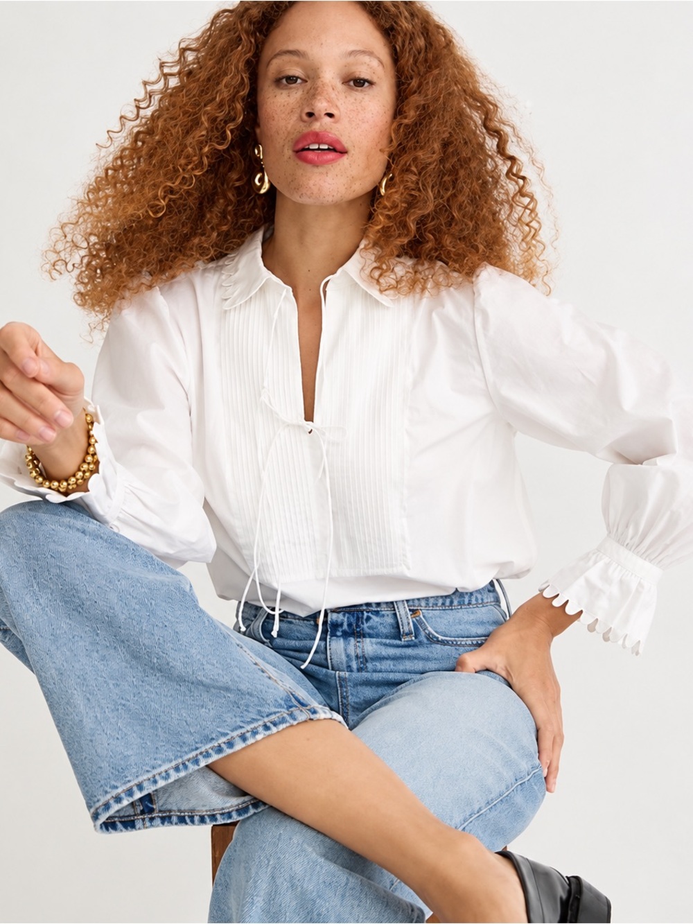J.Crew Scalloped Cotton Poplin Popover Blouse White NWT Sz Medium